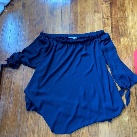 Three eighty two navy poly off shoulder blouse. Worn‎ 1x. Retail 99 - Picture 1 of 4